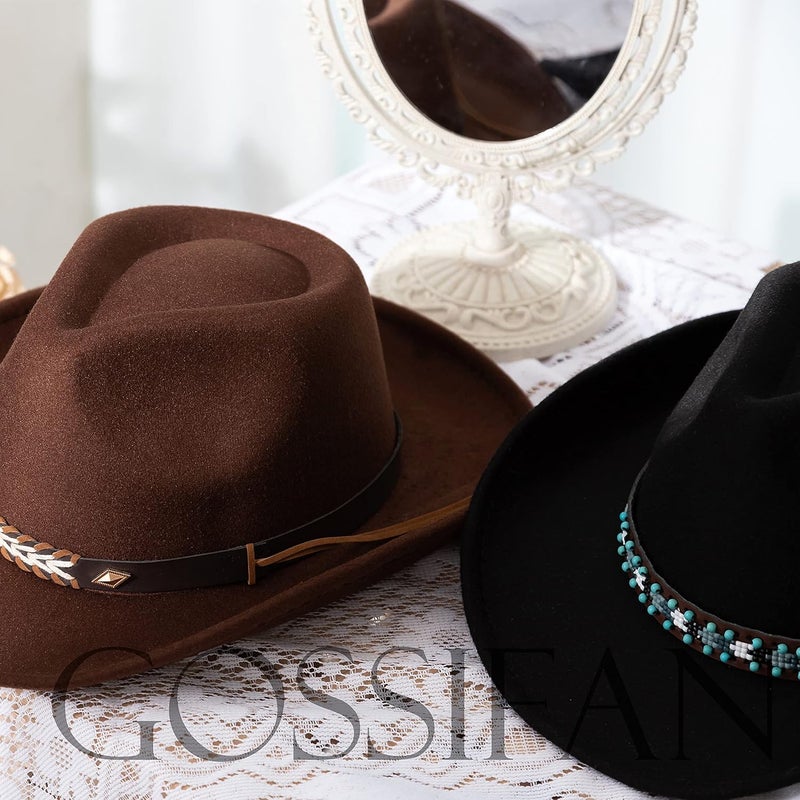 Gossifan Western Cowboy & Cowgirl Hat Felt Wide Brim Women Men Fedora Hats - Image 5